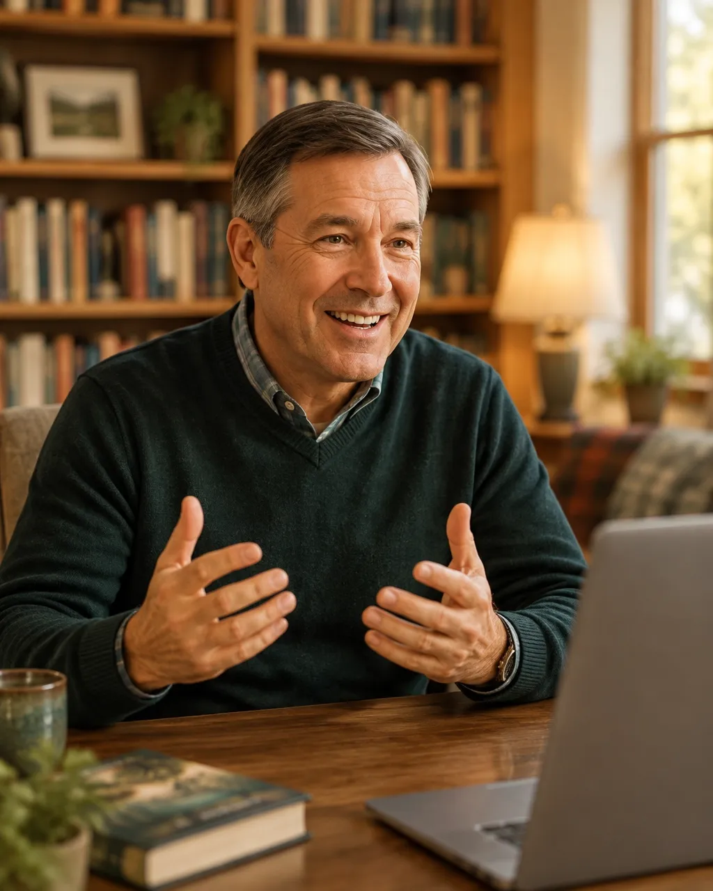 Author Roberts Essex sharing stories with a book club over video