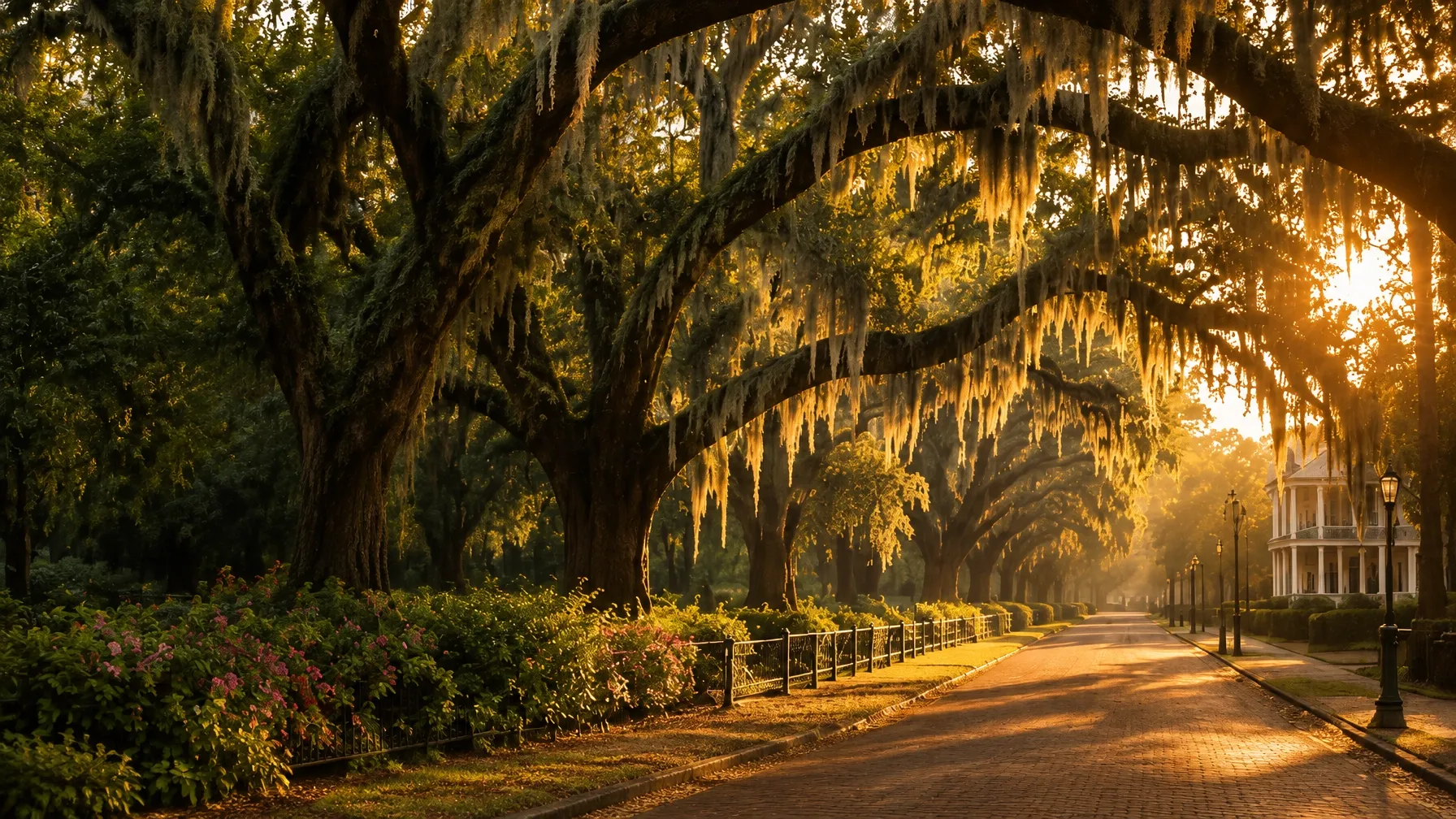 Golden light falling through Spanish moss-draped live oaks on a Savannah street